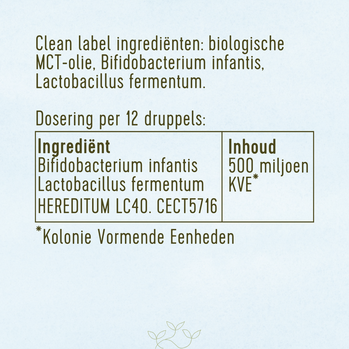 Ingrediënten: Bifidobacterium infantis en Lactobacillus fermentum. 500 miljoen kolonie vormende eenheden.
