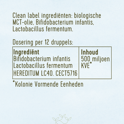 Ingrediënten: Bifidobacterium infantis en Lactobacillus fermentum. 500 miljoen kolonie vormende eenheden.