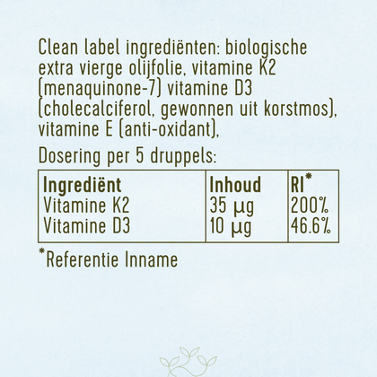 Ingrediënten en dosering van Laveen D3 en K2 druppels: biologische extra vierge olijfolie, vitamine K2 (MK-7), vitamine D3 uit korstmos en vitamine E; per 5 druppels 35 µg K2 (200% RI) en 10 µg D3 (46,6% RI).