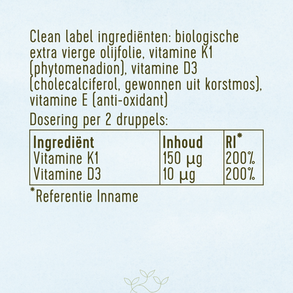 Ingrediënten van Laveen Vitamine D en K druppels: biologische extra vierge olijfolie, vitamine K1, vitamine D3 uit korstmos en vitamine E als antioxidant. Dosering per 2 druppels: 150 microgram vitamine K1 en 10 microgram vitamine D3 (beide 200% van de referentie-inname).