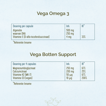 Ingrediëntentabellen van de Vega Omega 3 en Vega Botten Support vitamine supplementen van Laveen.