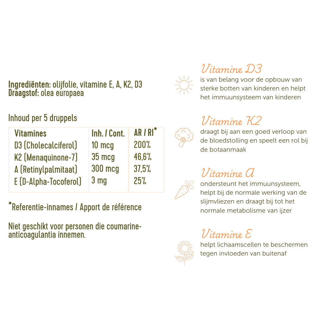 Ingrediëntenlijst van de multivitamine druppels: olijfolie, vitamine E, A, K2 en D3.
