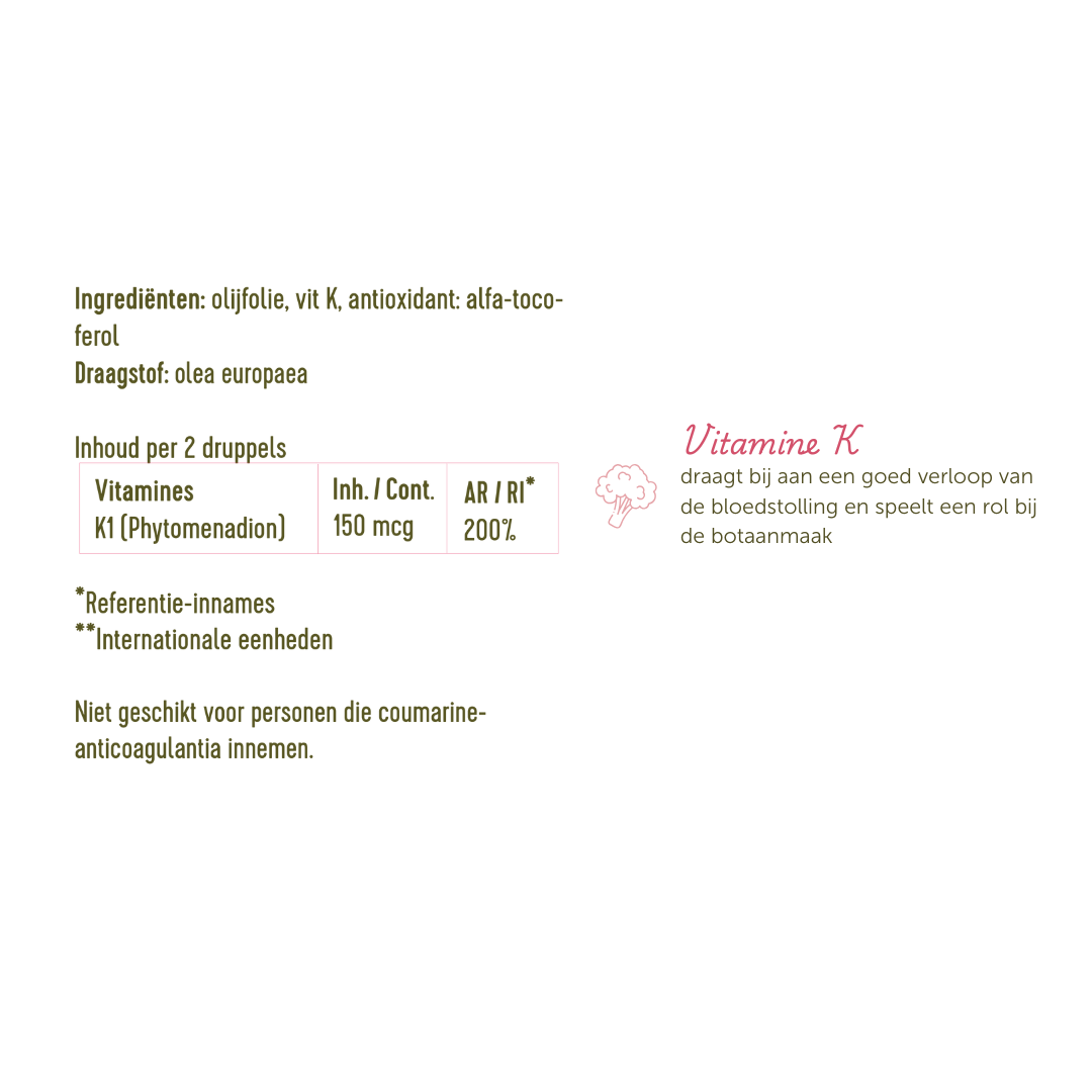 Ingrediëntenlijst van de vitamine K druppels: olijfolie, vitamine K en alfa-toco-ferol als antioxidant.