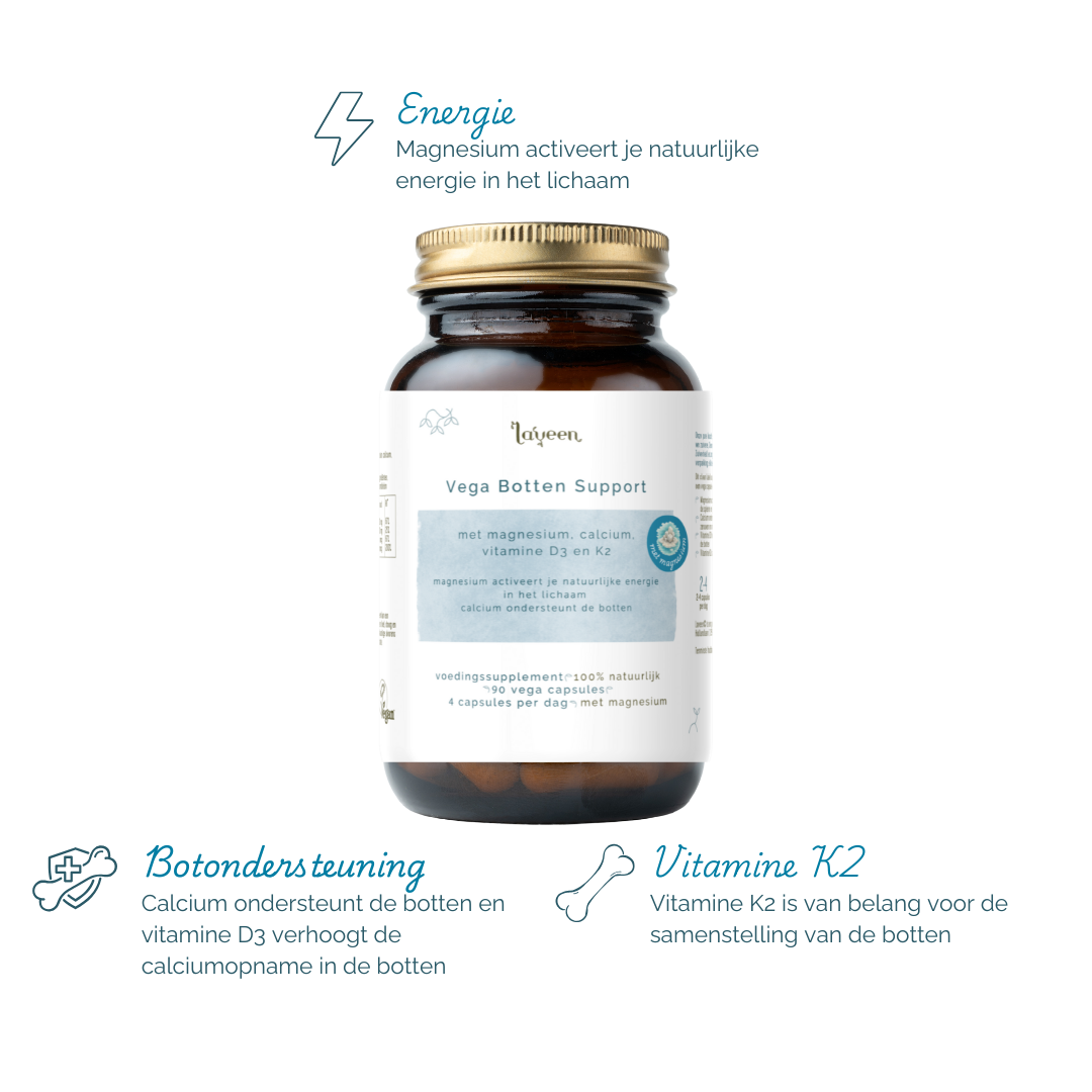 Voordelen van dit product: magnesium activeert de natuurlijke energie in het lichaam, calcium ondersteunt de botten en vitamine D3 verhoogt de calciumoname in de botten, en vitamine K2 is van belang voor de samenstelling van de botten.