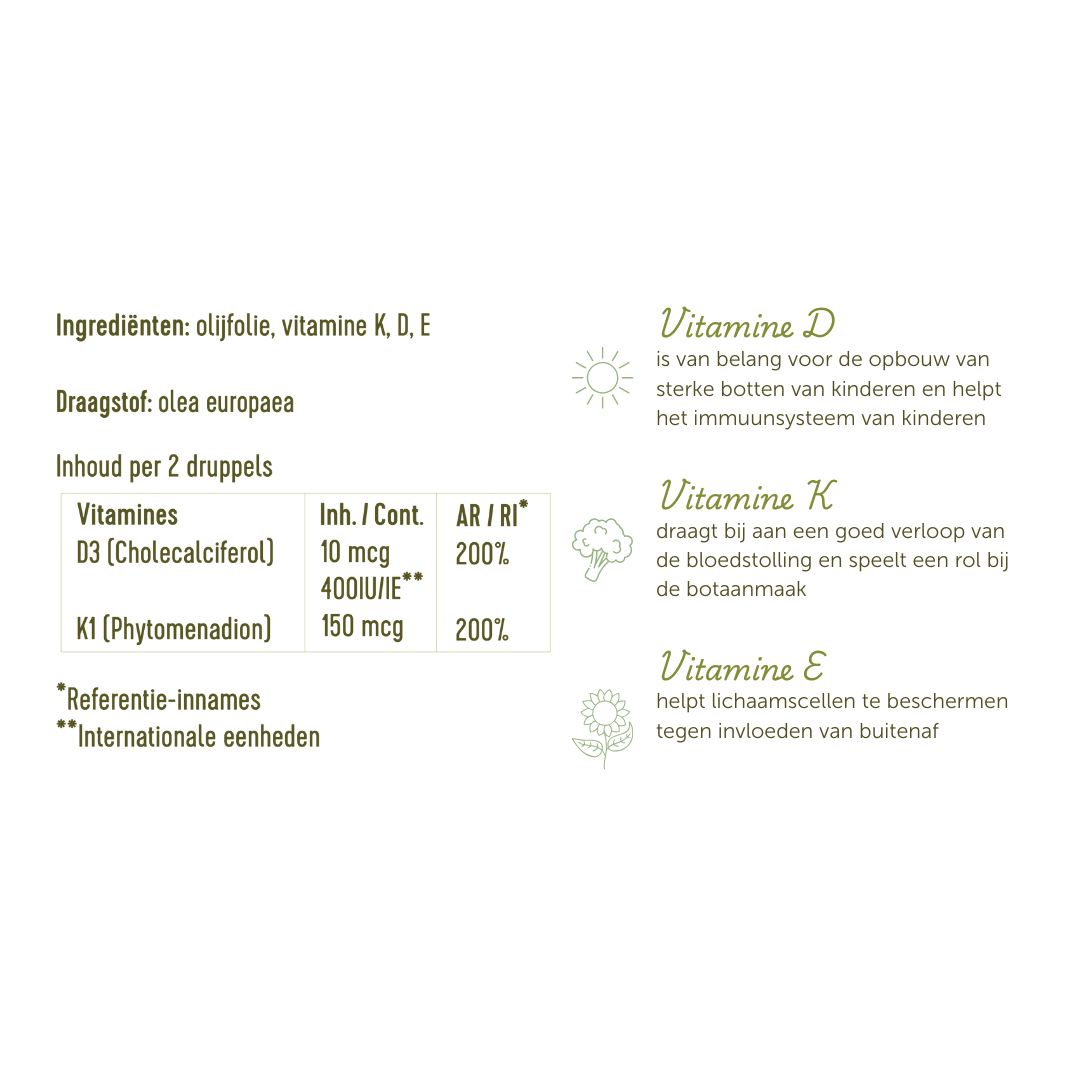 Ingrediëntenlijst van de vitamine D en K druppels: olijfolie, vitamine K, D en E.