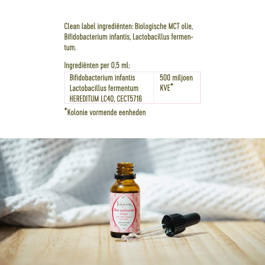Ingrediëntenlijst van de bio-culturen druppels: biologische MCT olie, bifidobacterium infantis en lactobacillus fermentum.