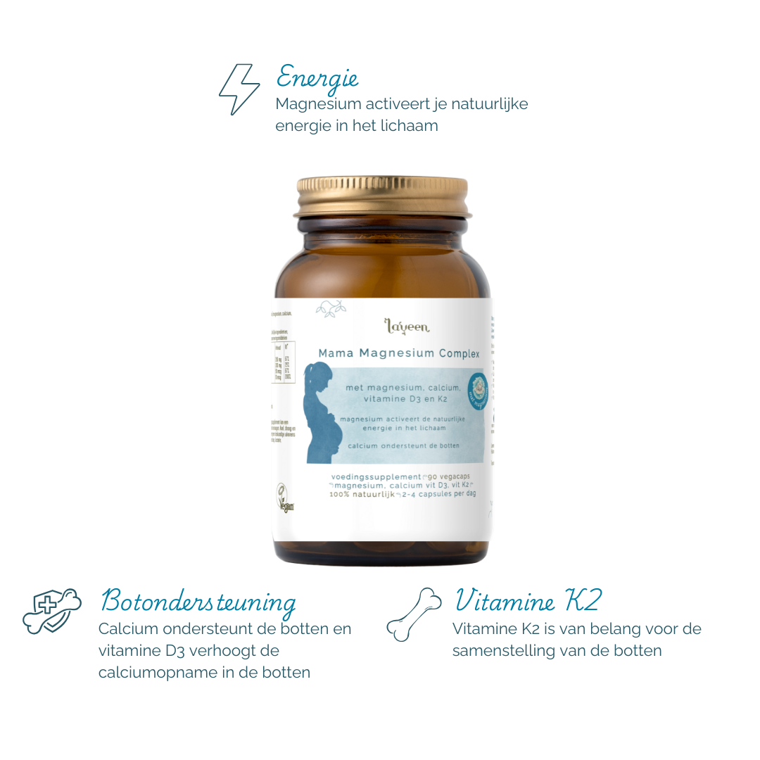Voordelen van dit product: magnesium activeert de natuurlijke energie in het lichaam, calcium ondersteunt de botten en vitamine D3 verhoogt de calciumoname in de botten, en vitamine K2 is van belang voor de samenstelling van de botten.