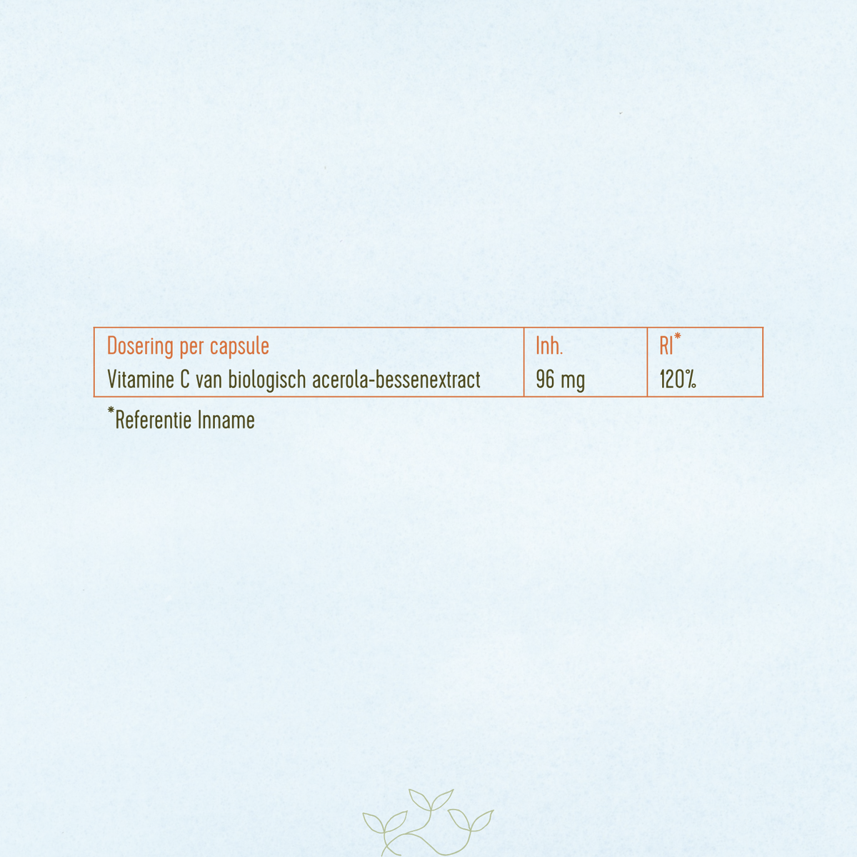 Dosering per capsule Vitamine C van biologische acerola-bessen extract: 96mg.
