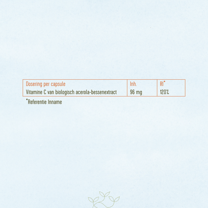 Dosering per capsule Vitamine C van biologische acerola-bessen extract: 96mg.