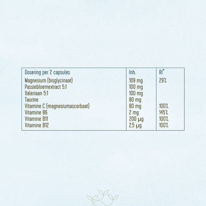 Ingrediënten: Magnesium, Passiebloemextract, Vlaeriaan, Taurne, Vitamine C, Vitamine B6, Vitmanine B11, Vitamine B12.