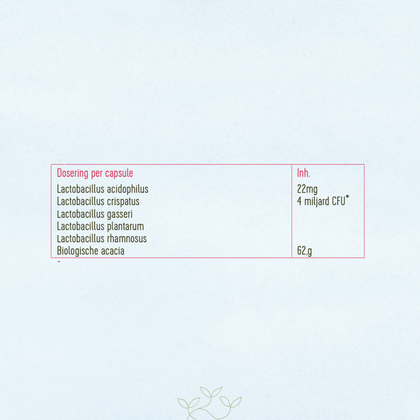 Ingrediënten: Lactobacillus acidophilus, Lactobacillus crispatus. Lactobacillus gasseri, Lactobacillus plantarum, Lactobacillus rhamnosus en biologische acacia.
