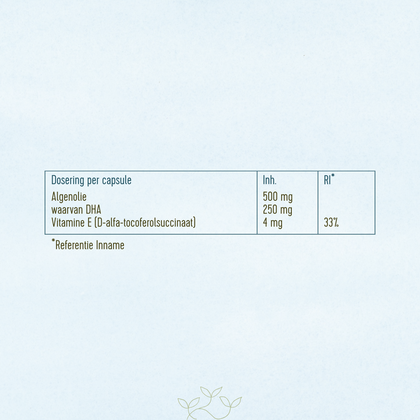 Ingrediënten per softgel: Algenolie 500mg, waarvan DHA 250mg, vitamine E 4mg.