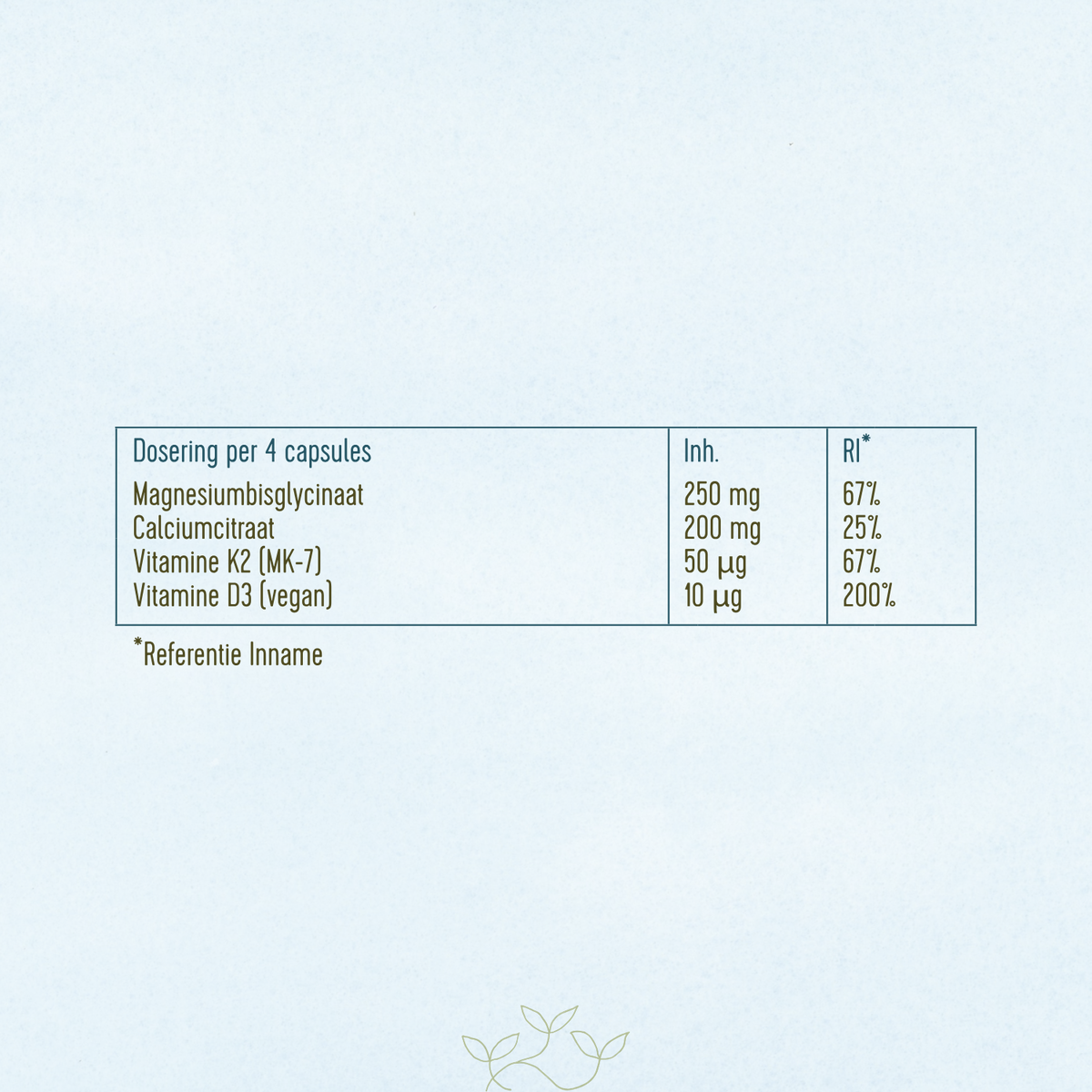 Ingrediëntentabel van de Vega Botten Support: Magnesiumbisglycinaat, 250mg. Calciumcitraat, 200mg. Vitamine K2 (MK-7), 50µg. Vitamine D3 (vegan), 10 µg.