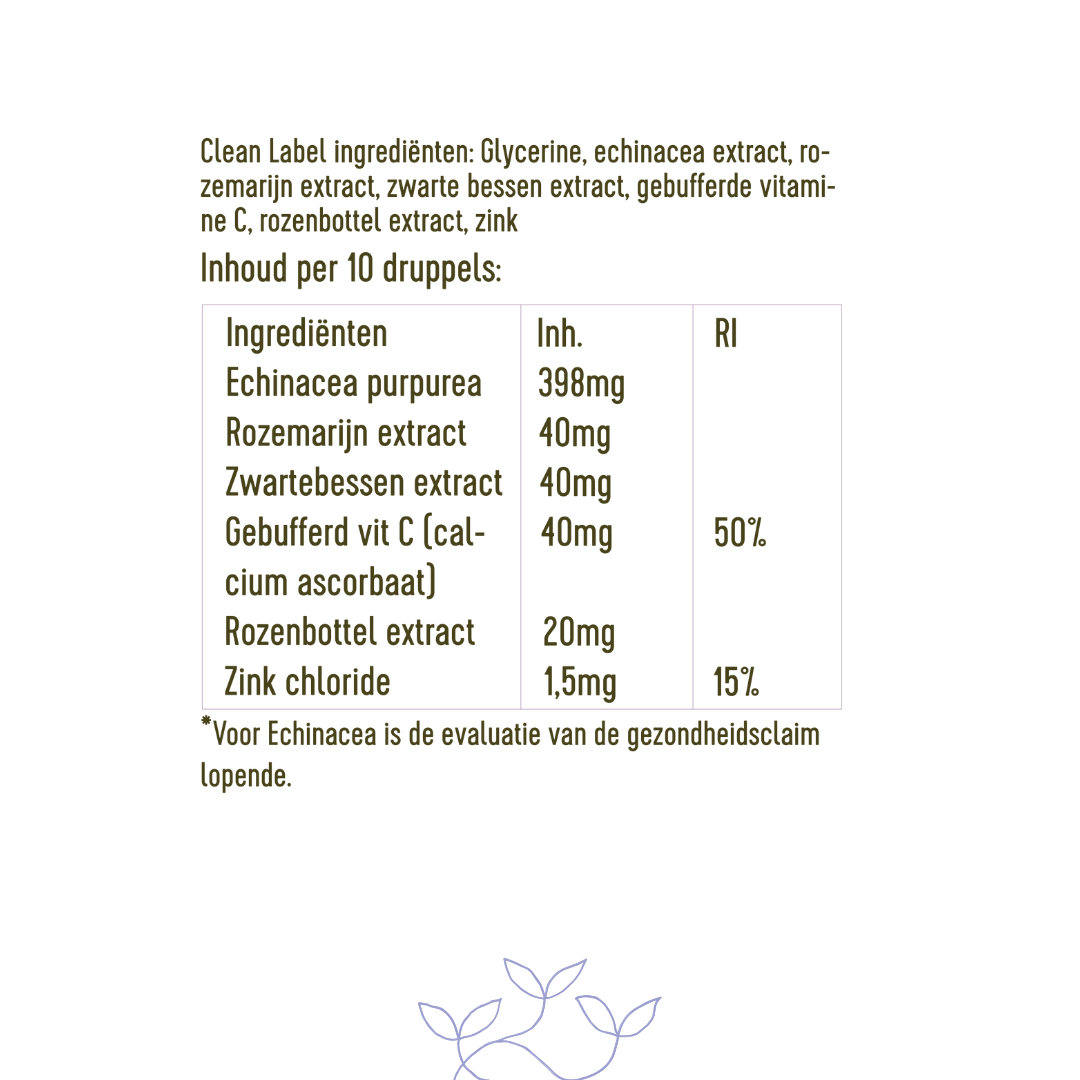 Ingrediëntenlijst van de Weerstand druppels: plantaardige glycerine, echinacea extract, rozemarijn extract, zwarte bessen extract, gebufferde vitamine C, rozenbottel extract, zink.