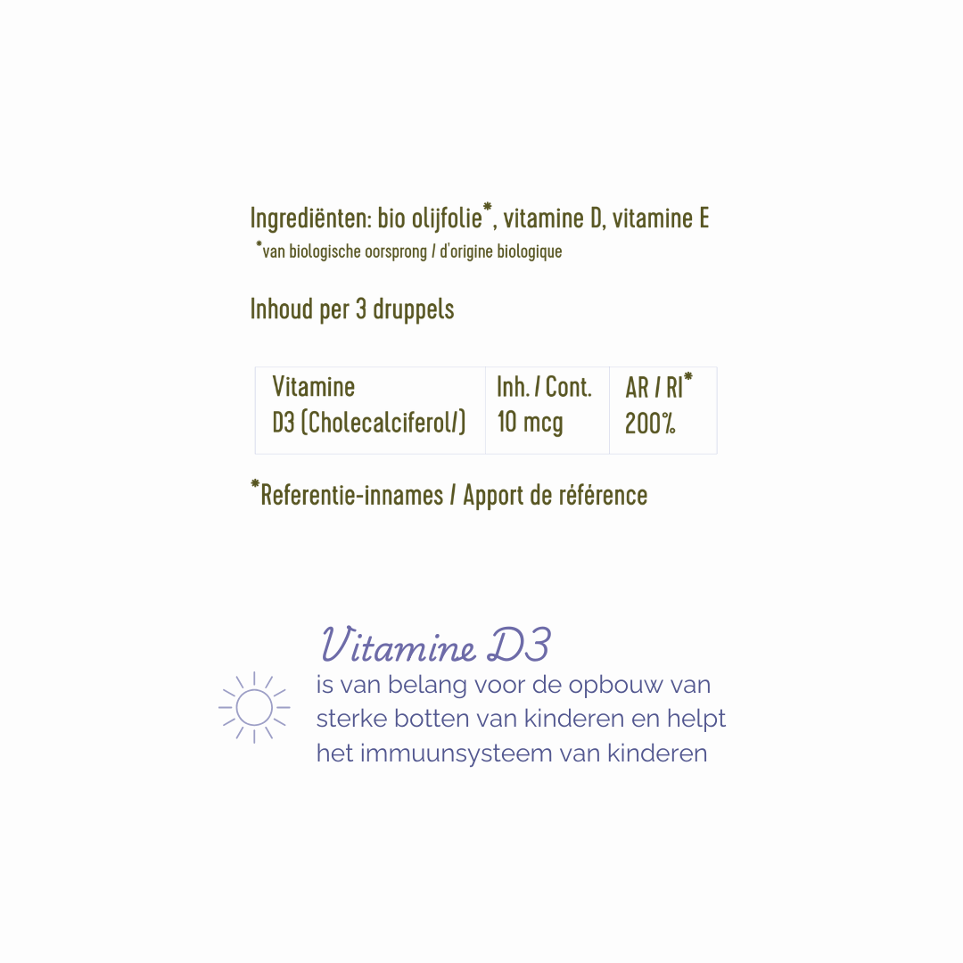 Ingrediëntenlijst van de bio vitamine D druppels: biologische olijfolie, vitamine D, vitamine E.