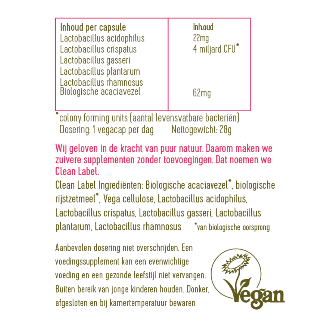 Ingrediënten van de Bio culturen mama. biologische acaciavezel, biologische rijstzetmeel, lactobacillus acidophilus, lactobacillus crispatus, lactobacillus gasseri, lactobacillus plantarum, lactobacillus rhamnosus.