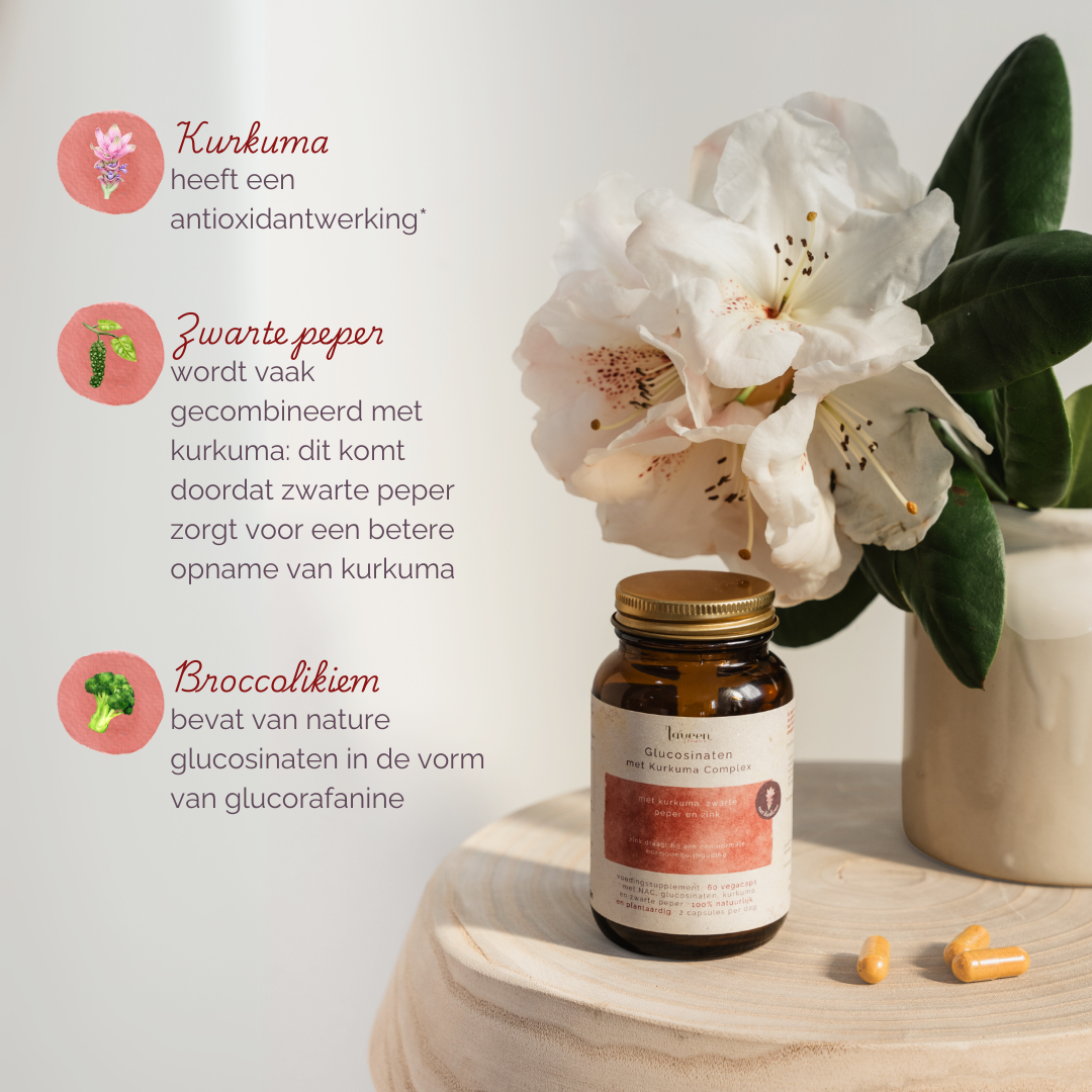 Voordelen van ingrediënten; kurkuma heeft een antioxidantwerking, zwarte peper zorgt voor betere opname van kurkuma en broccolikiem bevat van nature glucosinolaten.