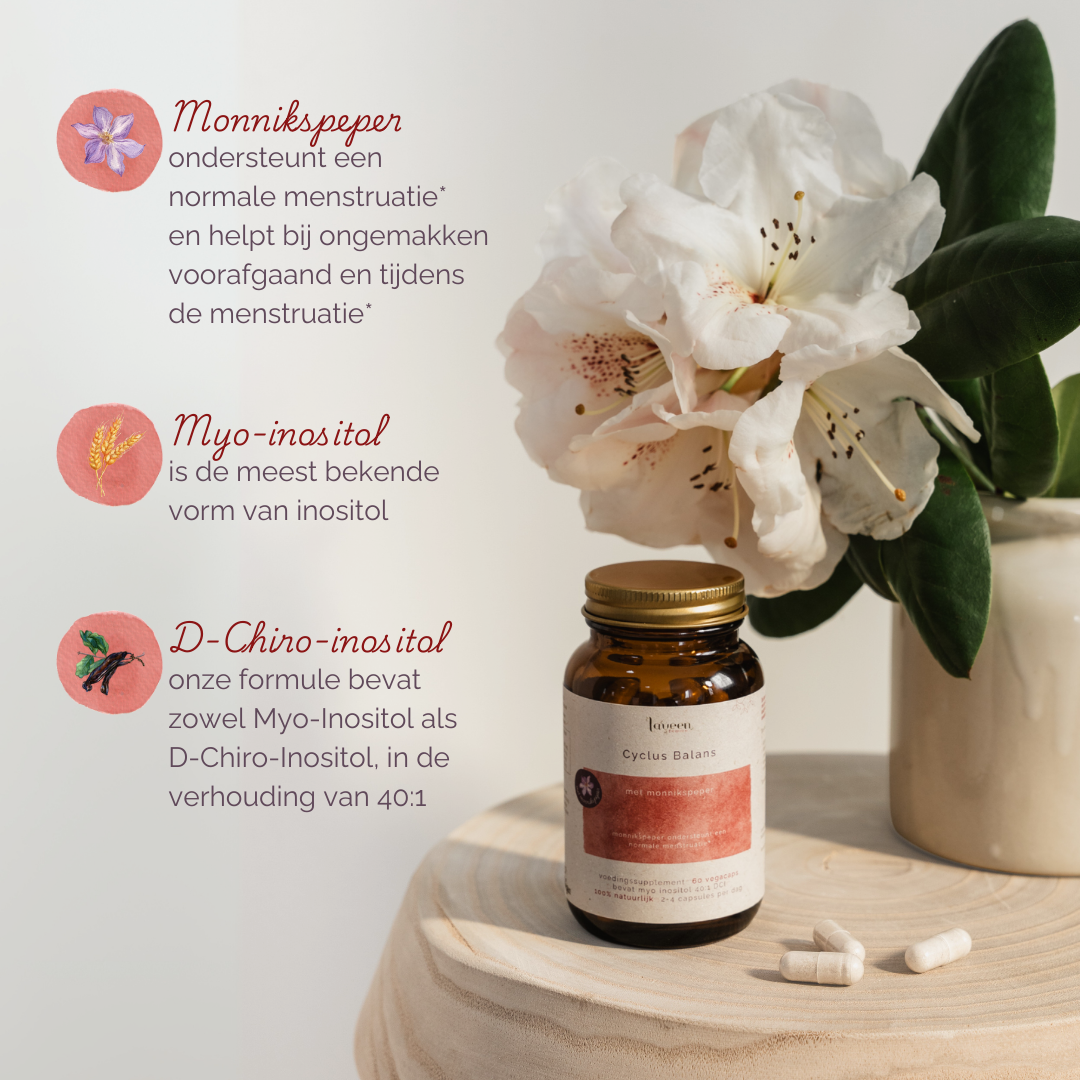Voordelen van de ingrediënten: monnikspeper ondersteunt normale menstruatie, myo-inositol is een bekende vorm van inositol en de formulie bevat ook d-chiro-inositol.