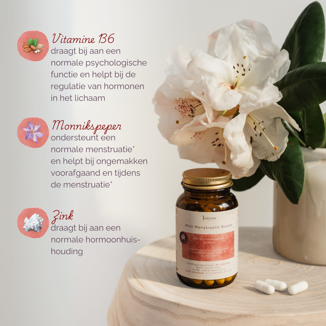 Voordelen van de ingrediënten: vitamine b6 draagt bij aan regulatie van hormonen in het lichaam, monnikspeper ondersteunt een normale menstruatie en zink aan een normale hormoonhuishouding.