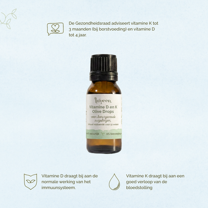 Afbeelding van Laveen Vitamine D en K druppels voor zuigelingen. De Gezondheidsraad adviseert vitamine K tot 3 maanden (bij borstvoeding) en vitamine D tot 4 jaar.
Vitamine D ondersteunt het immuunsysteem en vitamine K draagt bij aan een normale bloedstolling.