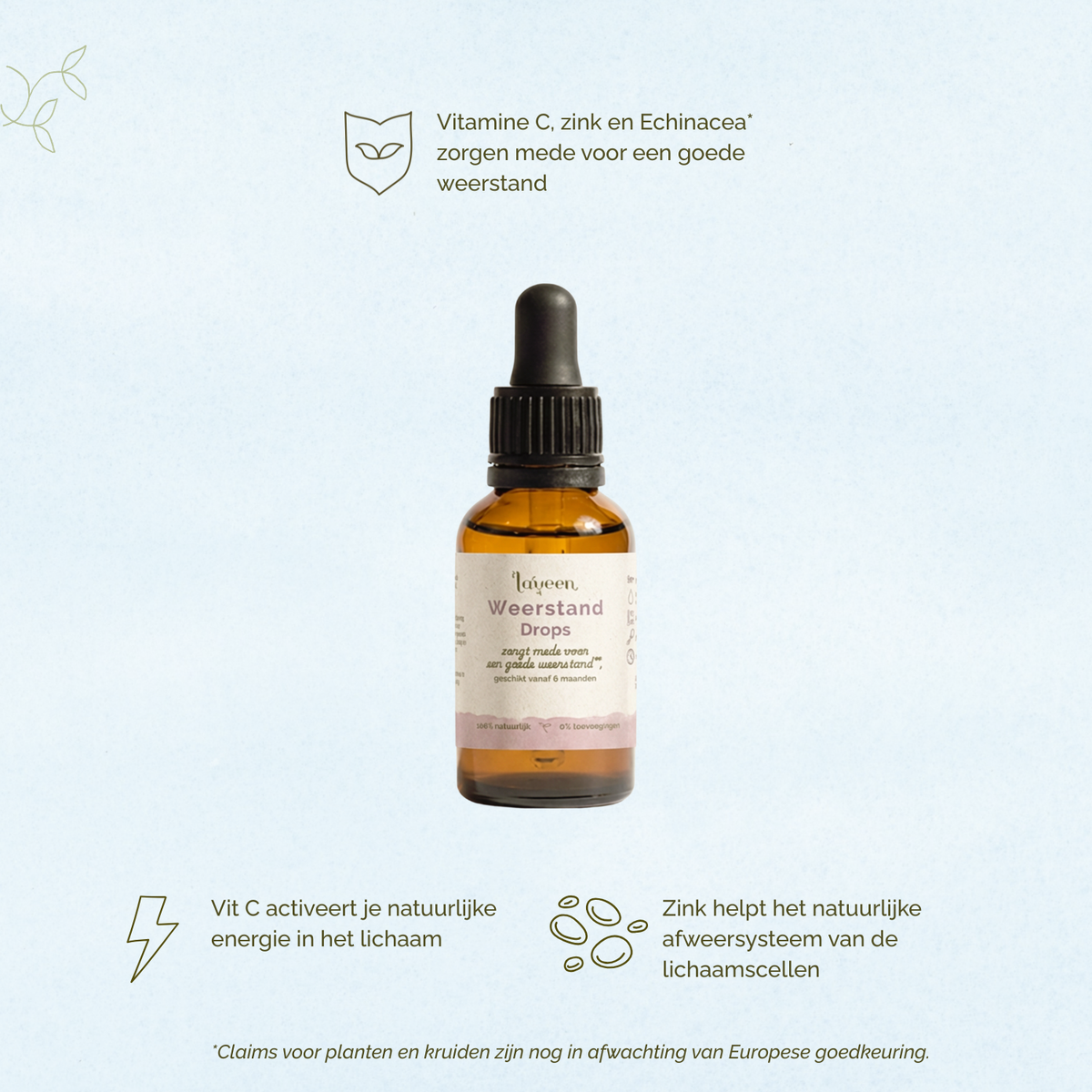 Afbeelding van Laveen Weerstand Drops. Vitamine C, zink en echinacea ondersteunen de weerstand. Vitamine C helpt bij energie en zink ondersteunt het immuunsysteem.