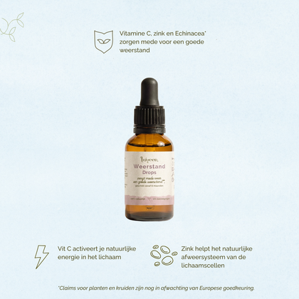 Afbeelding van Laveen Weerstand Drops. Vitamine C, zink en echinacea ondersteunen de weerstand. Vitamine C helpt bij energie en zink ondersteunt het immuunsysteem.