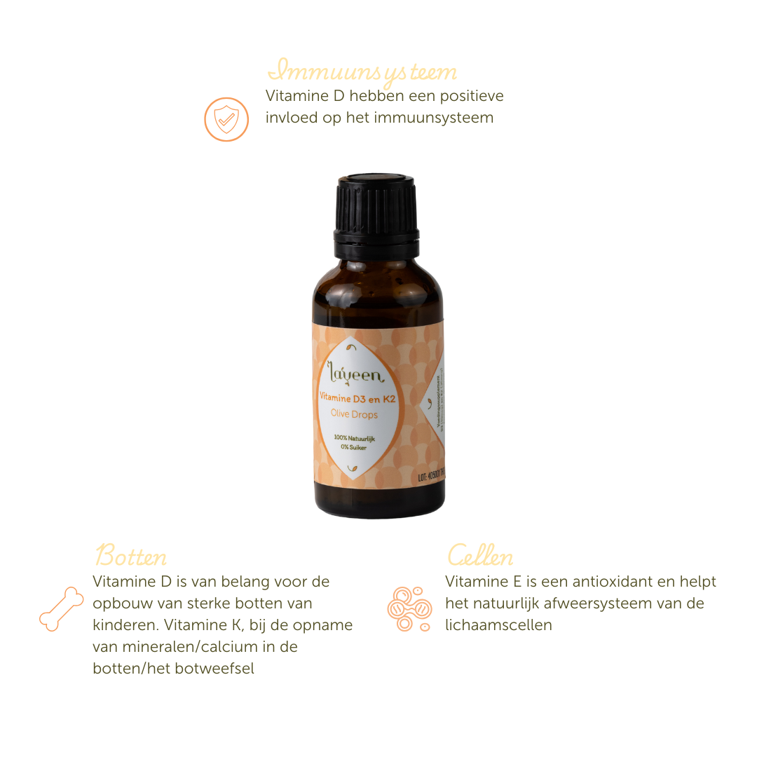 Voordelen van de vitamine D3 K2 druppels: vitamine D heeft een positieve invloed op het immuunsysteem en is van belang voor de opbouw van sterke botten van kinderen. Vitamine K helpt bij de opname van mineralen en calcium in de botten en vitamine E is een antioxidant.