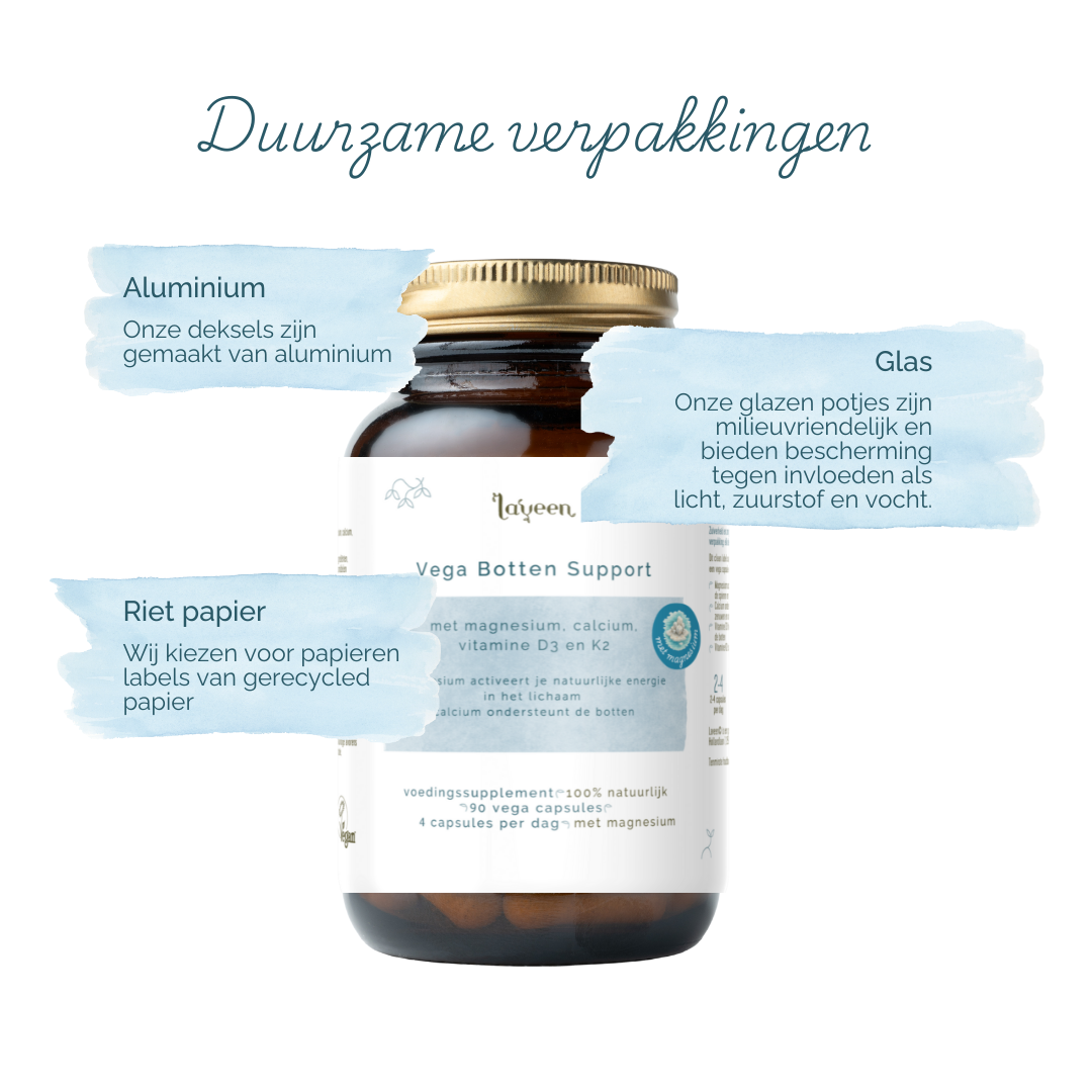 Onze verpakkingen zijn duurzaam; de capsules zitten in een glazen pot met een gerecycled rietpapieren etiket, onze deksels zijn van aluminium.