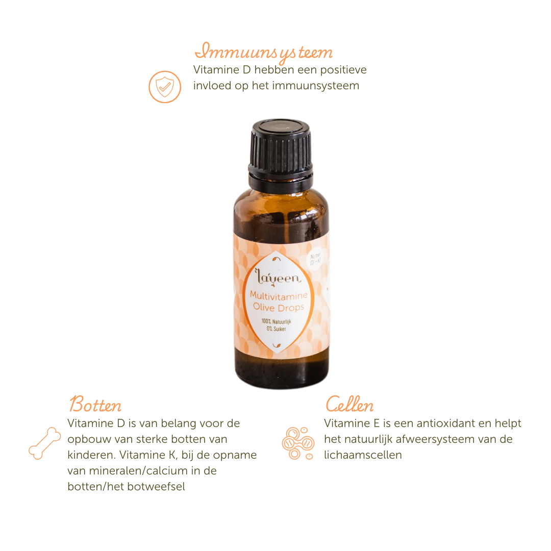 Voordelen van dit product Vitamine D heeft een positieve invloed op het immuunsysteem en is van belang voor de opbouw van sterke botten. Vitamine K helpt bij de opname van mineralen en calcium in de botten. Vitamine E is een antioxidant.