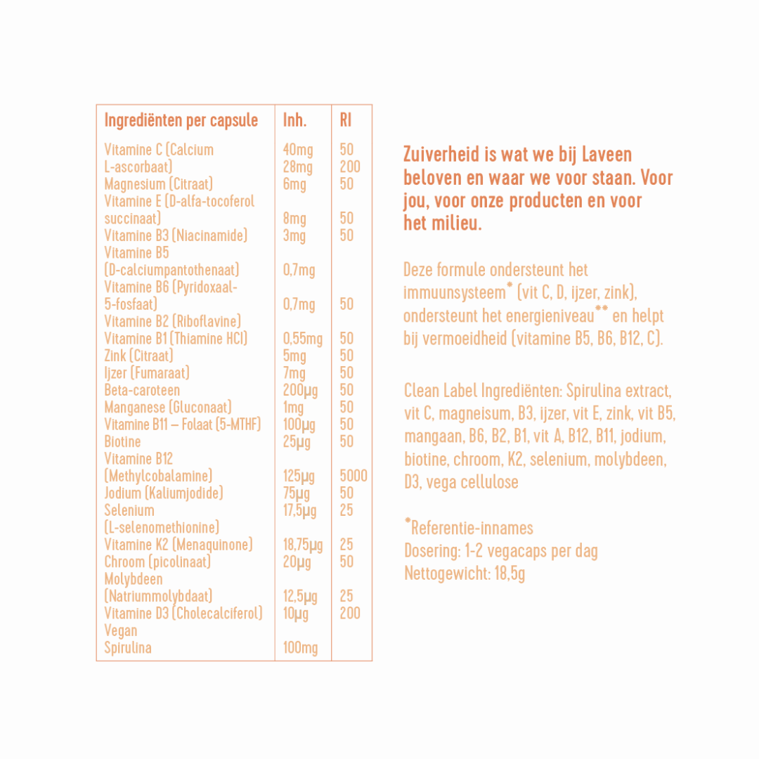 Ingrediëntenlijst van de Vega Multi Compleet: Spirulina extract, vit c, magnesium, vit 3, ijzer, vit E, zink, vit B5, mangaan, Vit B6, B2, B1, A, B12, B11, jodium, biotine, chroom, vit K2, selenium, molybdeen, vit D3.