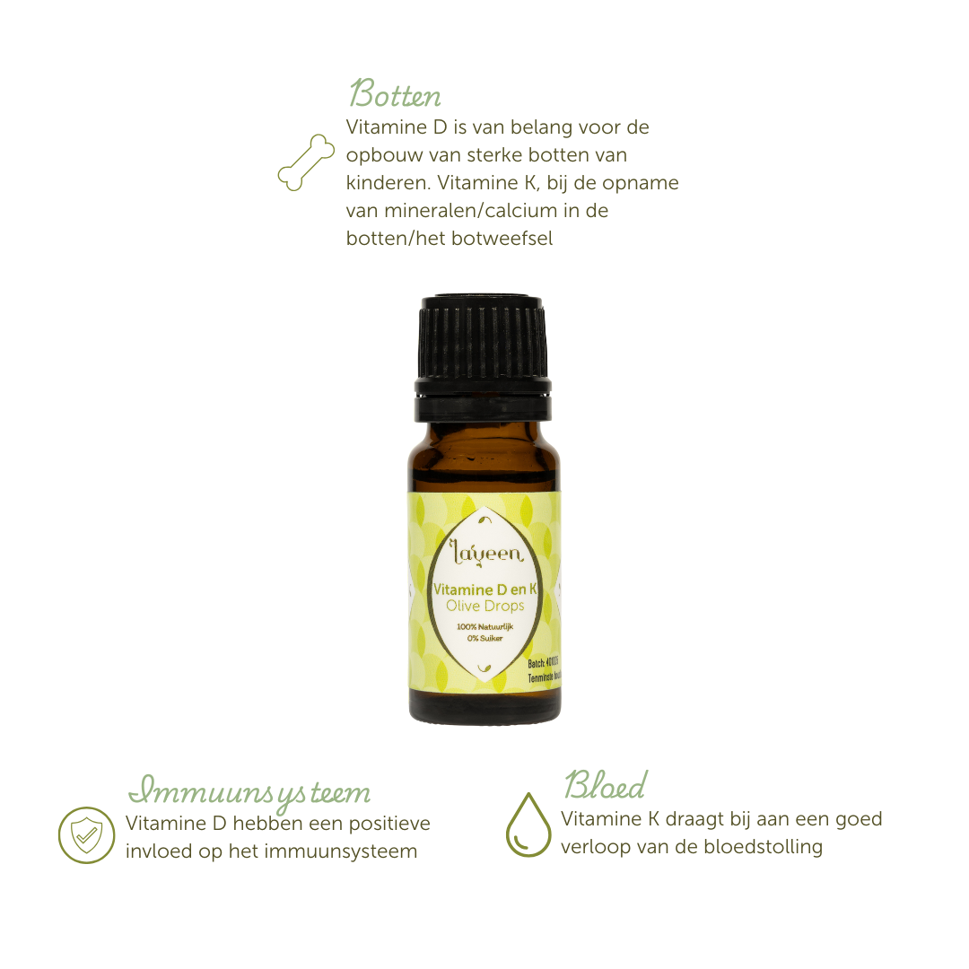 Voordelen van dit product: vitamine D is van belang voor de opbouw van sterke botten van kinderen en vitamine K voor de opname van mineralen en calcium in de botten.
