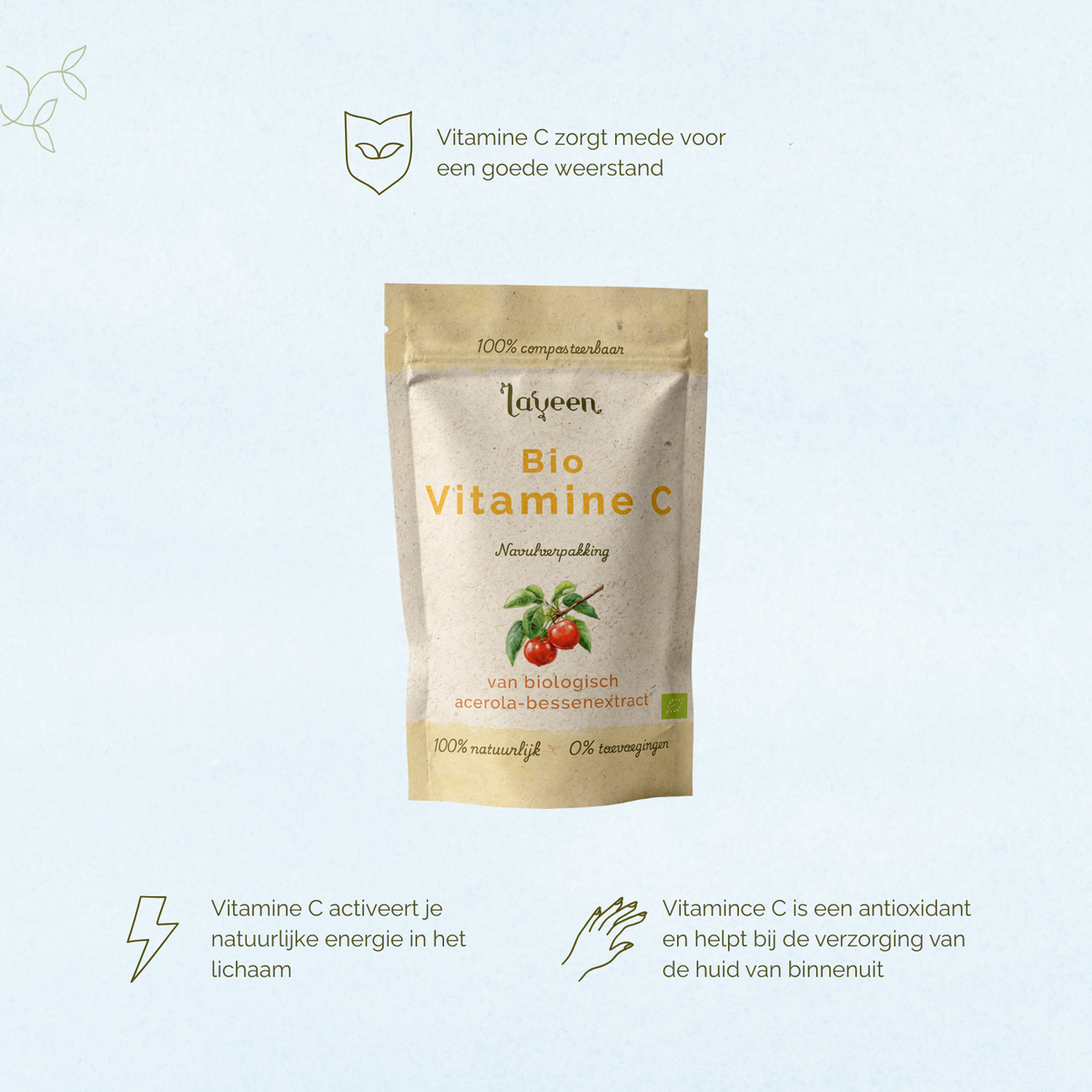 Vitamine C zorgt mede voor een goede weerstand. Vitamine C activeert je natuurlijke energie in het lichaam. Vitamien C is een antioxidant en heltp bij de verzorging van de huid van binnenuit.