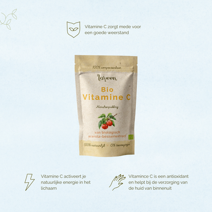 Vitamine C zorgt mede voor een goede weerstand. Vitamine C activeert je natuurlijke energie in het lichaam. Vitamien C is een antioxidant en heltp bij de verzorging van de huid van binnenuit.