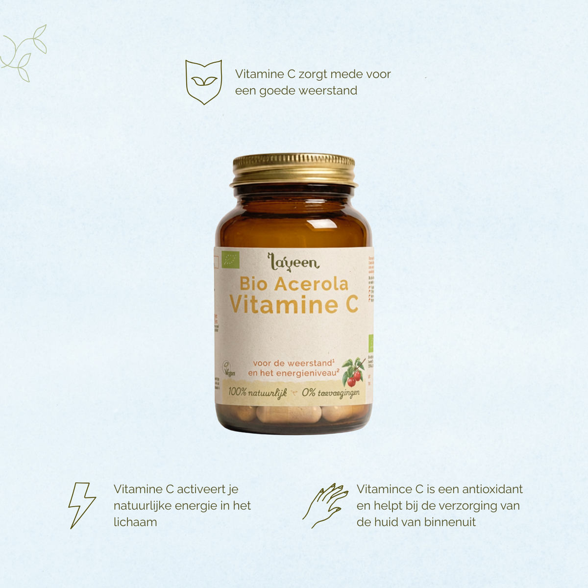 Vitamine C zorgt mede voor een goede weerstand Vitamine C activeert de natuurlijke energie in je lichaam. Vitamine C is een antioxidant en helpt bij de verzoring van de huid van binnenuit.