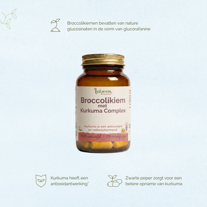 Laveen Broccolikiem met Kurkuma Complex supplement met broccolikiemextract, kurkuma en zwarte peper voor antioxidatieve ondersteuning.
