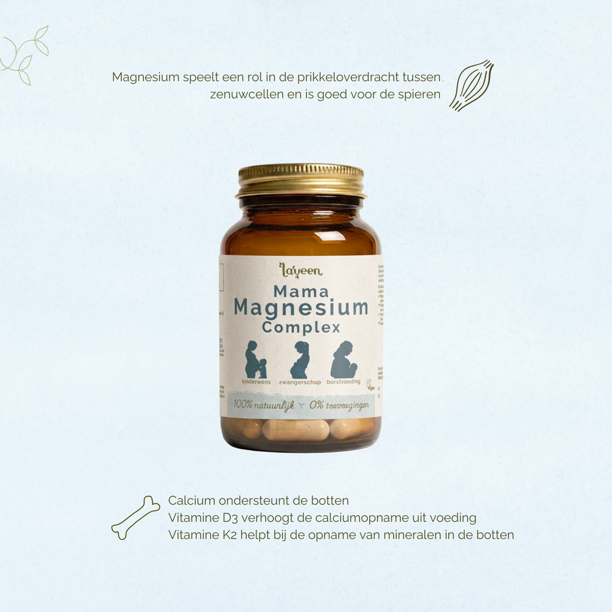 Laveen Mama Magnesium Complex supplement met magnesium, calcium, vitamine D3 en K2 voor spieren, zenuwstelsel en botten tijdens kinderwens, zwangerschap en borstvoeding.