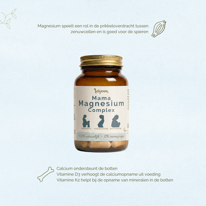 Laveen Mama Magnesium Complex supplement met magnesium, calcium, vitamine D3 en K2 voor spieren, zenuwstelsel en botten tijdens kinderwens, zwangerschap en borstvoeding.