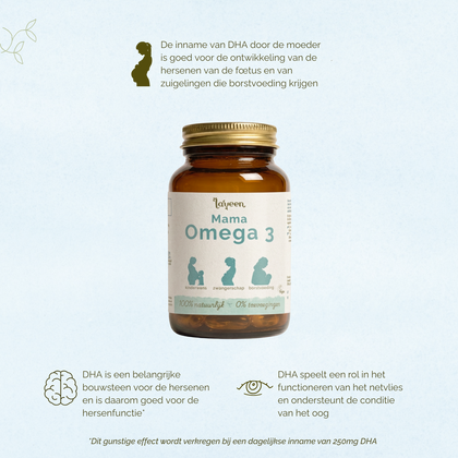 Laveen Mama Omega 3 supplement met DHA uit microalgen ter ondersteuning van de hersenontwikkeling van de foetus en zuigeling en voor de hersen- en oogfunctie.