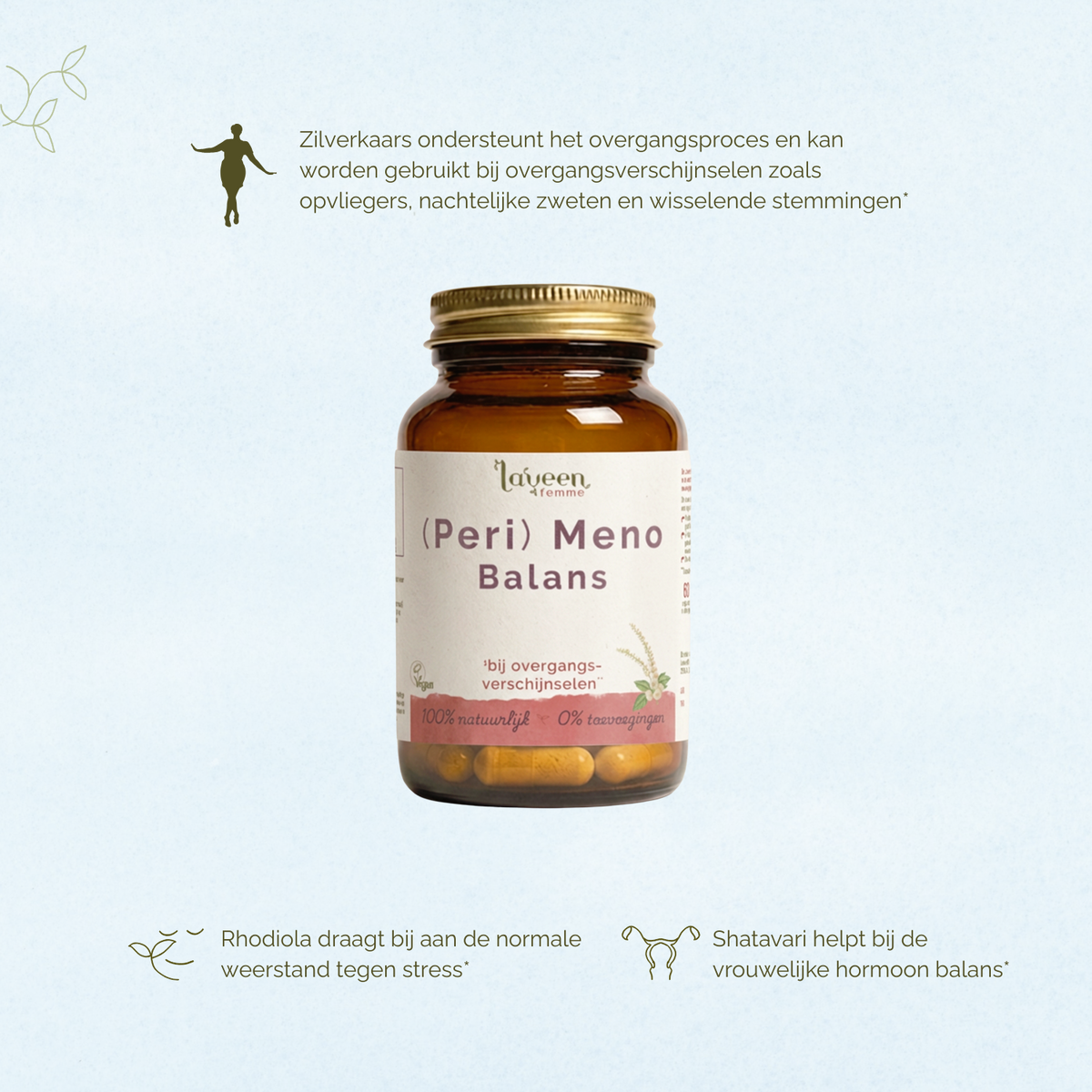Laveen (Peri) Meno Balans supplement met zilverkaars, rhodiola en shatavari voor ondersteuning bij overgangsverschijnselen zoals opvliegers en nachtelijk zweten.
