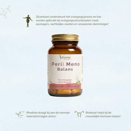 Laveen (Peri) Meno Balans supplement met zilverkaars, rhodiola en shatavari voor ondersteuning bij overgangsverschijnselen zoals opvliegers en nachtelijk zweten.
