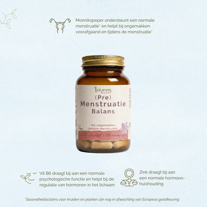 Laveen (Pre) Menstruatie Balans capsules naast glazen pot en navulverpakking, supplement met monnikspeper voor ondersteuning rond de menstruatie.