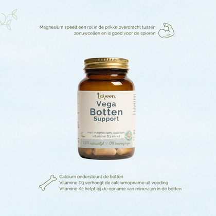 Magnesium speelt een rol in de prikkeloverdracht tussen zenuwcellen en is goed voor de spieren. Calcium ondersteunt de botten. Vitamine D3 verhoogt de calciumopname uit voeding en Vitamine K2 helpt bij de opname van mineralen in de botten.