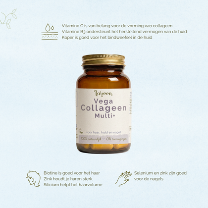 Vitamine C is van belang voor de vorming van collageen. Vitamine B3 ondersteund het herstellend vermogen van de huid. Koper is goed voor het bindweefsel in de huid. Biotine is goed voor het haar, Zink houdt je haren sterk, Silicium helpt het haarvolume. Selenium en zink zijn goed voor de nagels.