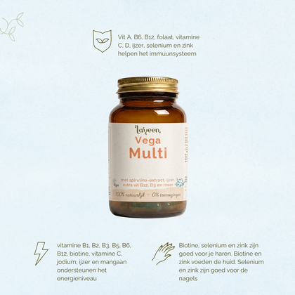 Vitamine A, B6, B12, folaat, vitamine C, D, ijzer, selenium en zink helpen het immuunsysteem. Vitamine B1, B2, B3, B6, B12, biotine, vitamine C, jodium, ijzer en mangaan ondersteunen het energieniveau. Biotine, selenium en zink zijn goed voor je haren. Biotine en zink voeden je huid. Selenium en zink zijn goed voor de huid.