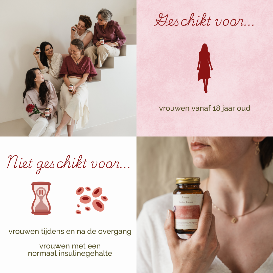 Info over de doelgroep: Cyclus Balans is bedoeld voor vrouwen vanaf 18 jaar, maar niet geschikt voor vrouwen tijdens en na de overgang en alle vrouwen met een normaal insulinegehalte.