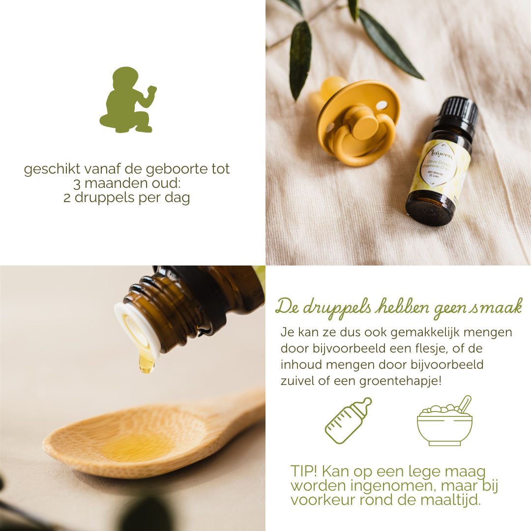 Gebruiksadviezen voor de vitamine D en K druppels: geschikt vanaf de geboorte tot 3 maanden oud: 2 druppels per dag. De druppels hebben geen smaak en zijn dus makkelijk te mengen door een flesje.