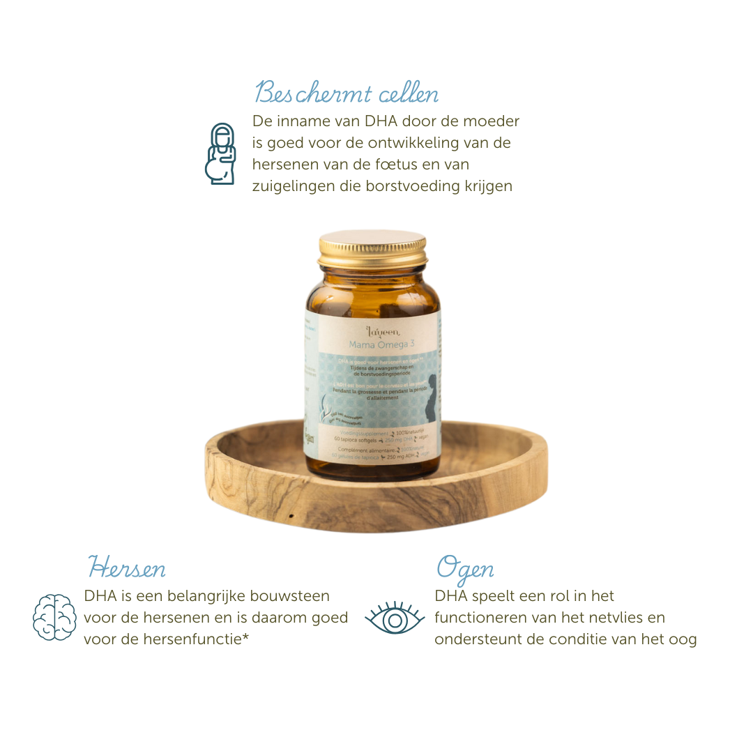 Voordelen van het product inname van DHA door moeder is goed voor de hersenen en ogen van de foetus.