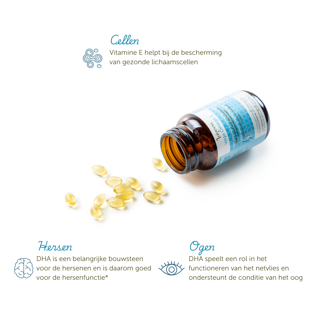 Voordelen van dit product; Vitamine E helpt bij bescherming van gezonde lichaamscellen, DHA is goed voor de hersenfunctie en ondersteunt de conditie van het oog.