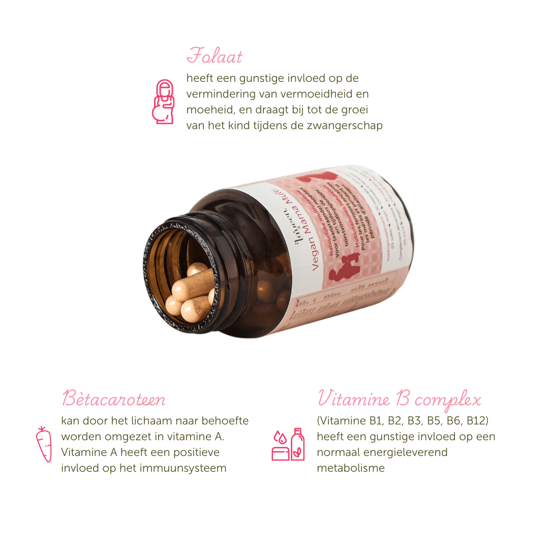 Voordelen van de Vega Mama Multi: folaat draagt bij tot de groei van het kind tijdens de zwangerschap, bètacaroteen kan door het lichaam naar behoefte worden omgezet in vitamine A, en het vitamine B complex heeft een gunstige invloed op een normaal energieleverend metabolisme.