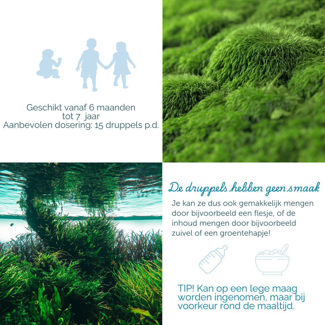 Gebruiksadviezen: geschikt vanaf 6 maanden tot 7 jaar, aanbevolen dosering is 15 druppels per dag. De druppels hebben alleen een lichte citroensmaak en kunnen dus ook gemengd worden door zuivel of een groentehapje.